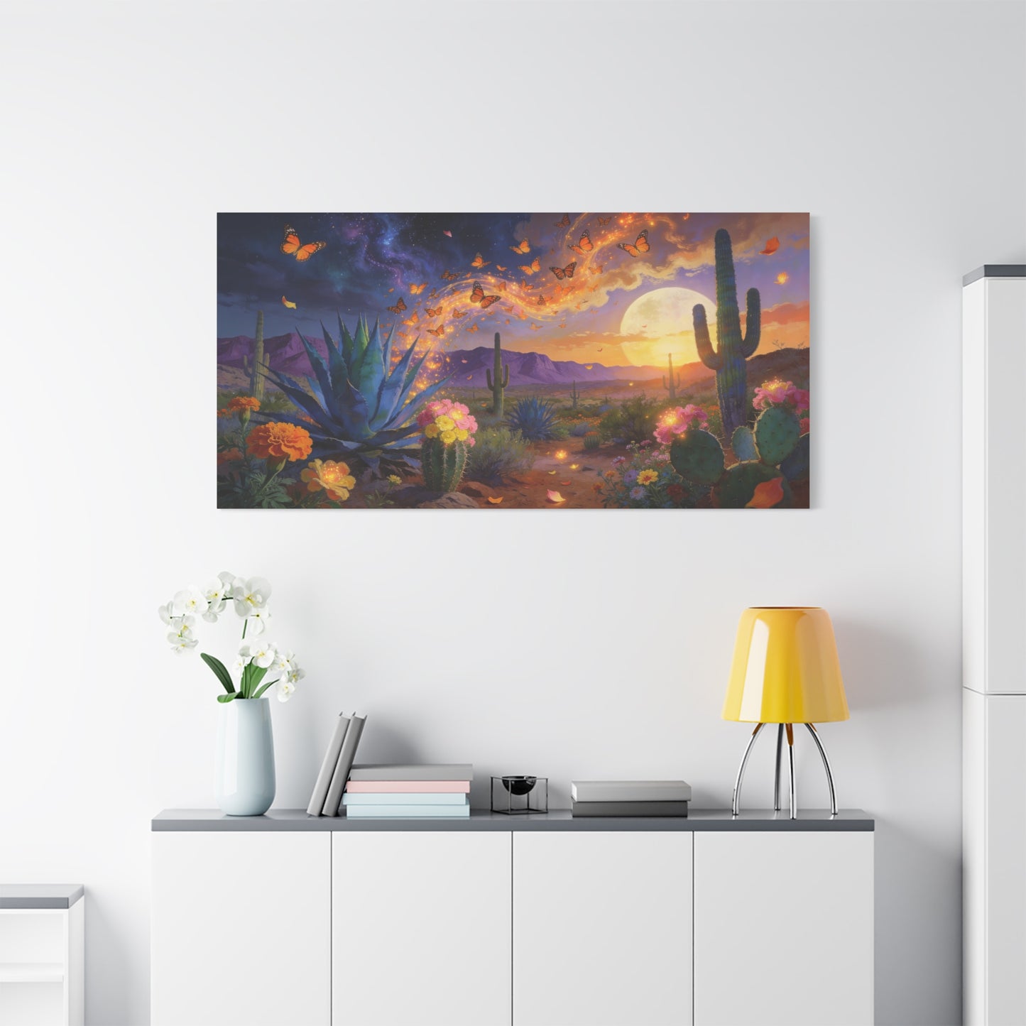 Desert Butterfly Canvas Wall Art - Moonlit Cactus Landscape, Agave And Wildflowers - Surreal Southwestern Style - Cotton Canvas Print - Living Room Wall Decor, Bedroom Accent - Bedroom Home Decoration