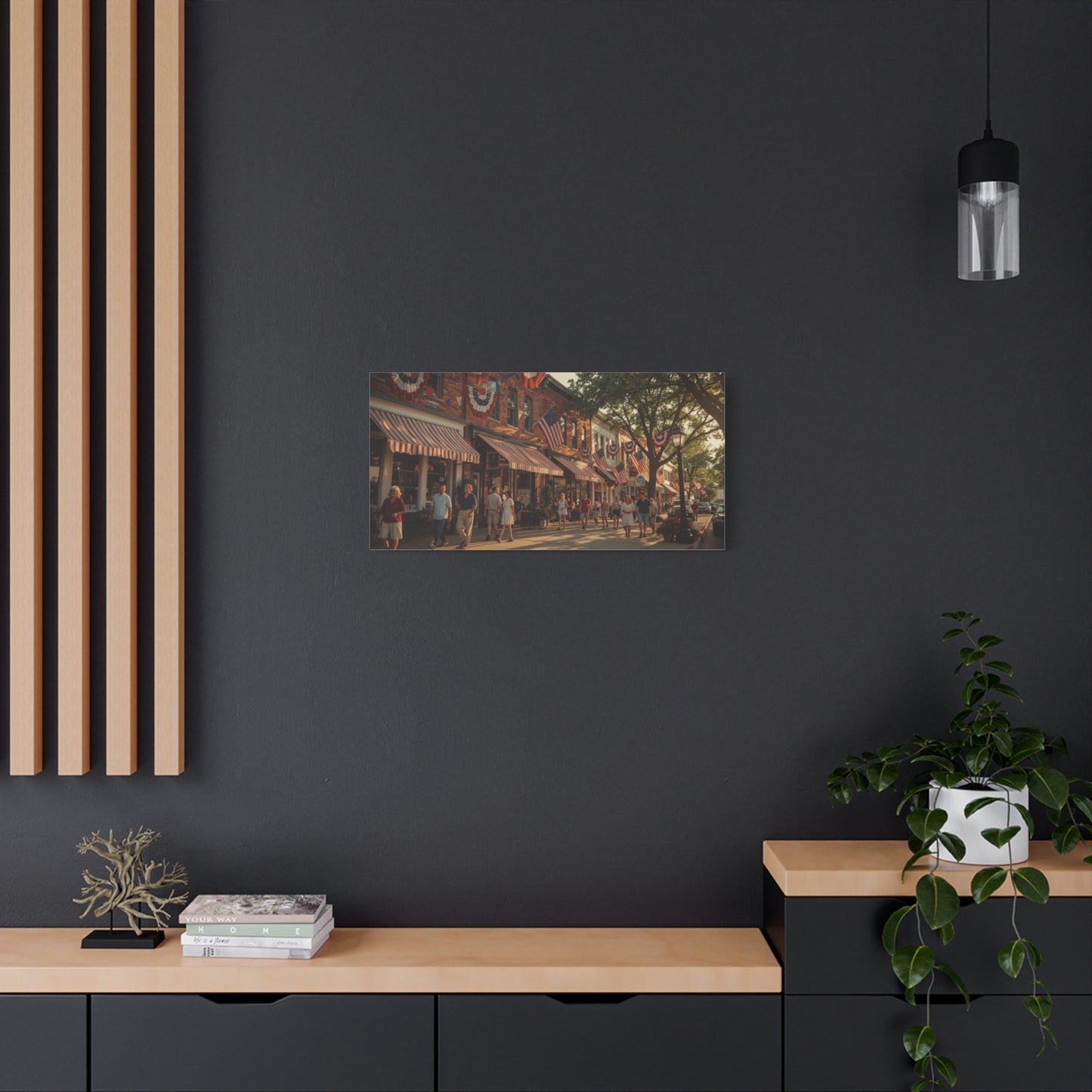 Patriotic Main Street Canvas Wall Art - American Flag Small Town Streetscape, Golden Hour Art Print - Vintage Americana Style - Living Room Wall Decor, Office Art Accent - Ready to Hang