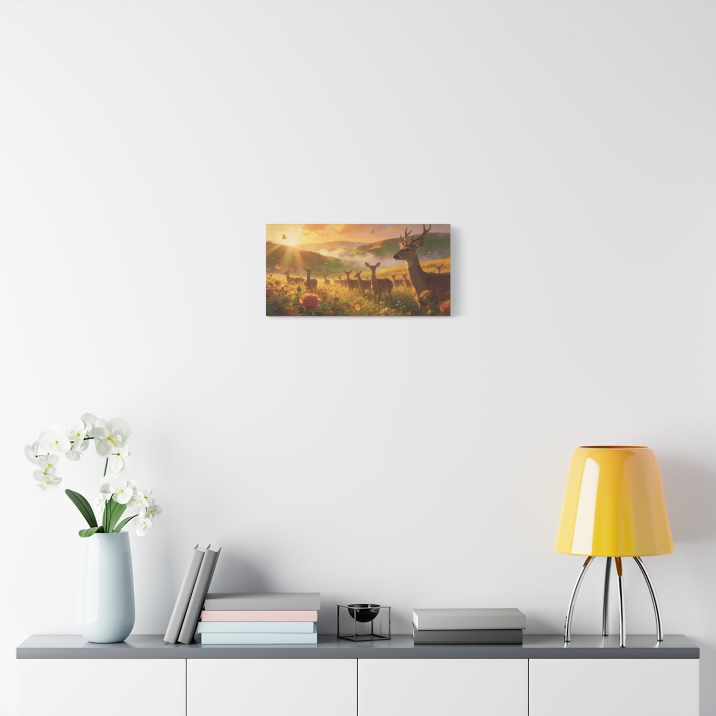 Deer Meadow Canvas Wall Art - Golden Sunrise Wildlife Landscape, Butterflies, Floral Field - Matte Finish Canvas Print - Rustic Nature Style, Living Room Wall Decor - Bedroom Home Decoration