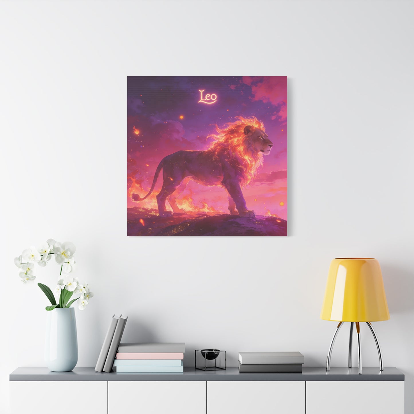 "Leo" Lion Canvas Wall Art - Fiery Zodiac Illustration, Purple Pink Sky, Matte Finish Canvas Print - Modern Astrology Decor, Bedroom Home Decoration, Office Wall Art Accent - Bedroom Home Decoration