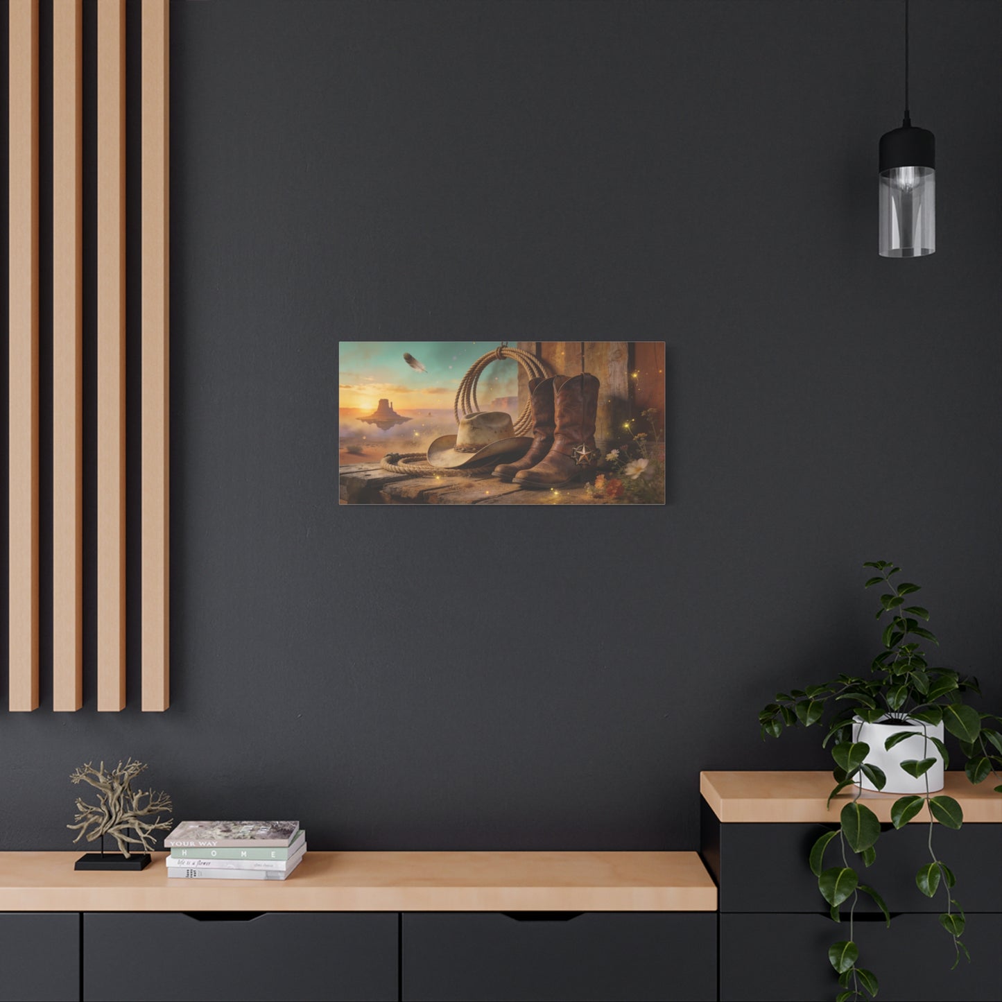 Western Cowboy Boots Canvas Wall Art - Desert Mesa Sunset, Hat And Lasso - Rustic Cotton Print - Vintage Ranch Style - Living Room Wall Decor, Office Art, Entryway Decoration - Bedroom Home Decoration