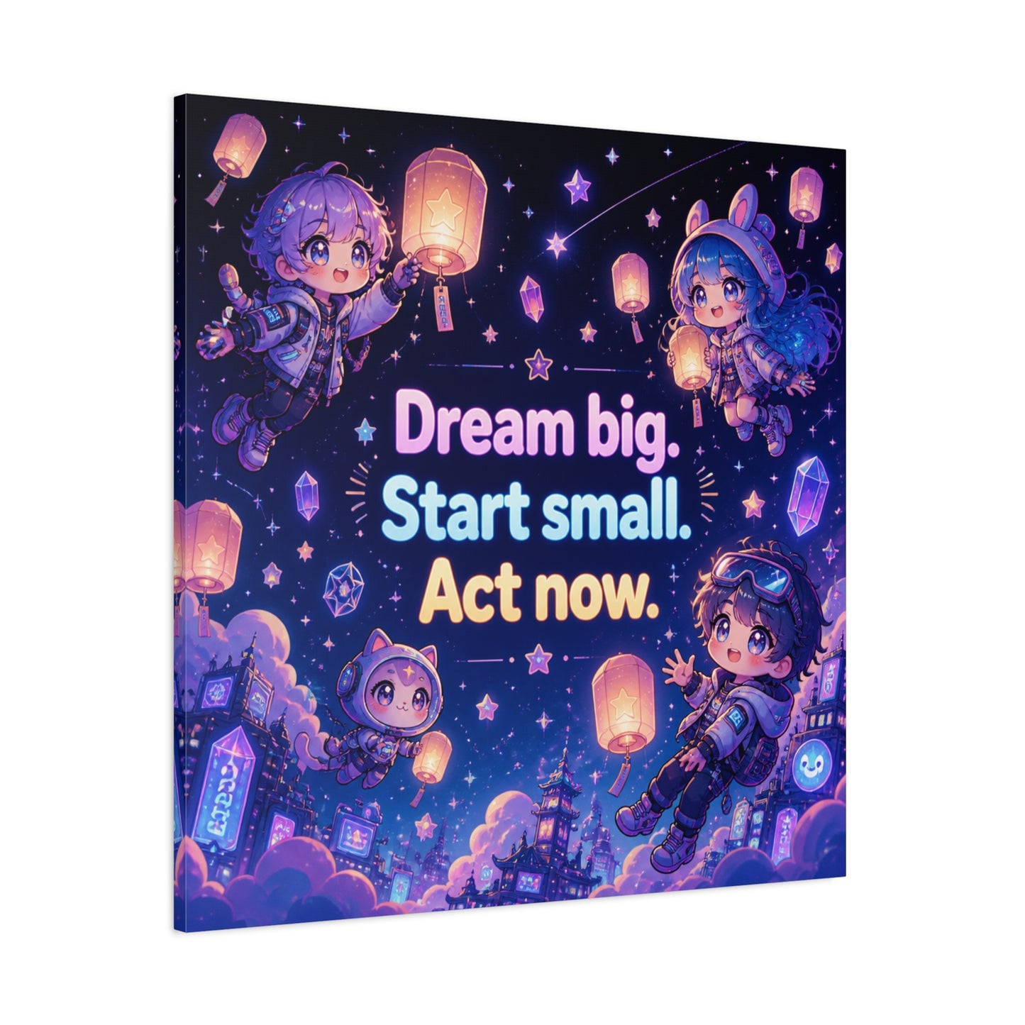 "Dream Big. Start Small. Act Now." Inspirational Canvas Wall Art - Kawaii Space Kids, Star Lantern Night Sky Quote Print - Neon Purple Blue Decor, Bedroom Home Decoration, Teen Room Accent