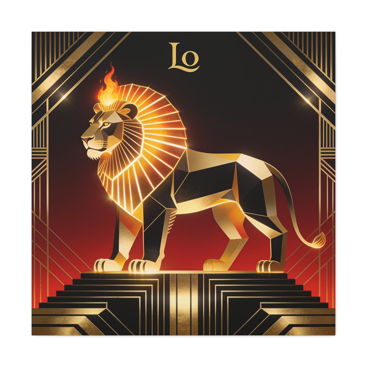 "Lo" Geometric Lion Canvas Wall Decor - Art Deco Gold Black Red Animal Print - Flaming Mane Illustration, Modern Luxe Interior Accent, Living Room Home Decoration - Living Room Wall Decor