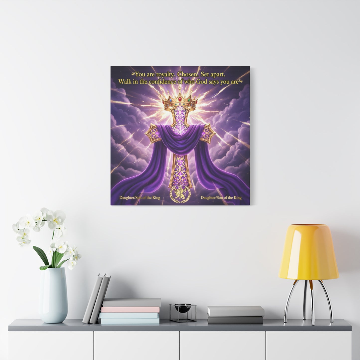"You Are Royalty. Chosen. Set Apart." Christian Canvas Wall Art - Crowned Cross With Purple Draped Cloth, Daughter Son Of The King Quote - Religious Wall Decor For Bedroom, Office - Ready to Hang