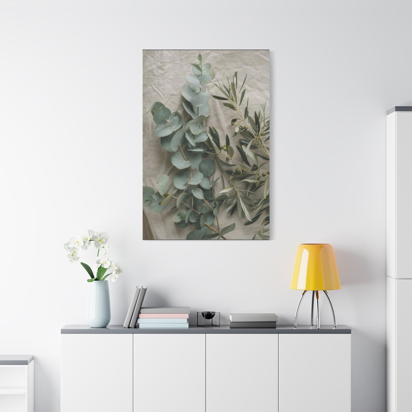 Eucalyptus And Olive Branch Canvas Wall Art - Botanical Still Life, Soft Sage Beige Tones - Matte Cotton Print, Minimalist Traditional Style - Bedroom Decoration, Spa Accent - Living Room Wall Decor