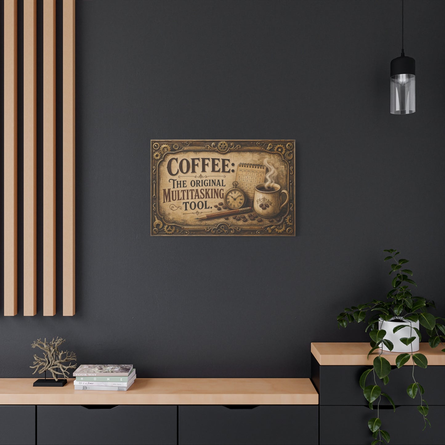"Coffee: The Original Multitasking Tool." Canvas Wall Art - Vintage Coffee Cup Quote Print, Rustic Wall Decor, Steampunk Style, Cafe Accent - Ready to Hang - Bistro Decor - Espresso Bar Sign