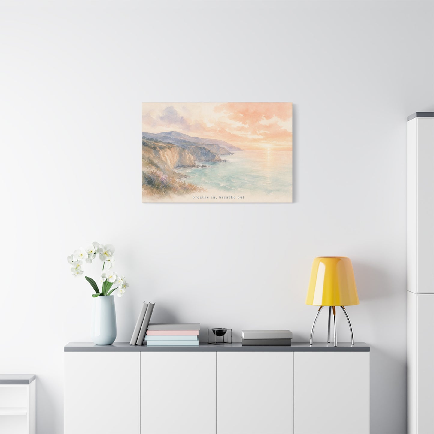 "Breathe In, Breathe Out" Coastal Sunset Canvas Wall Art - Watercolor Cliff Seascape, Jellyfish Room Decor, Serene Beach Landscape Print - Bedroom Home Decoration, Meditation Space - Office Wall Art
