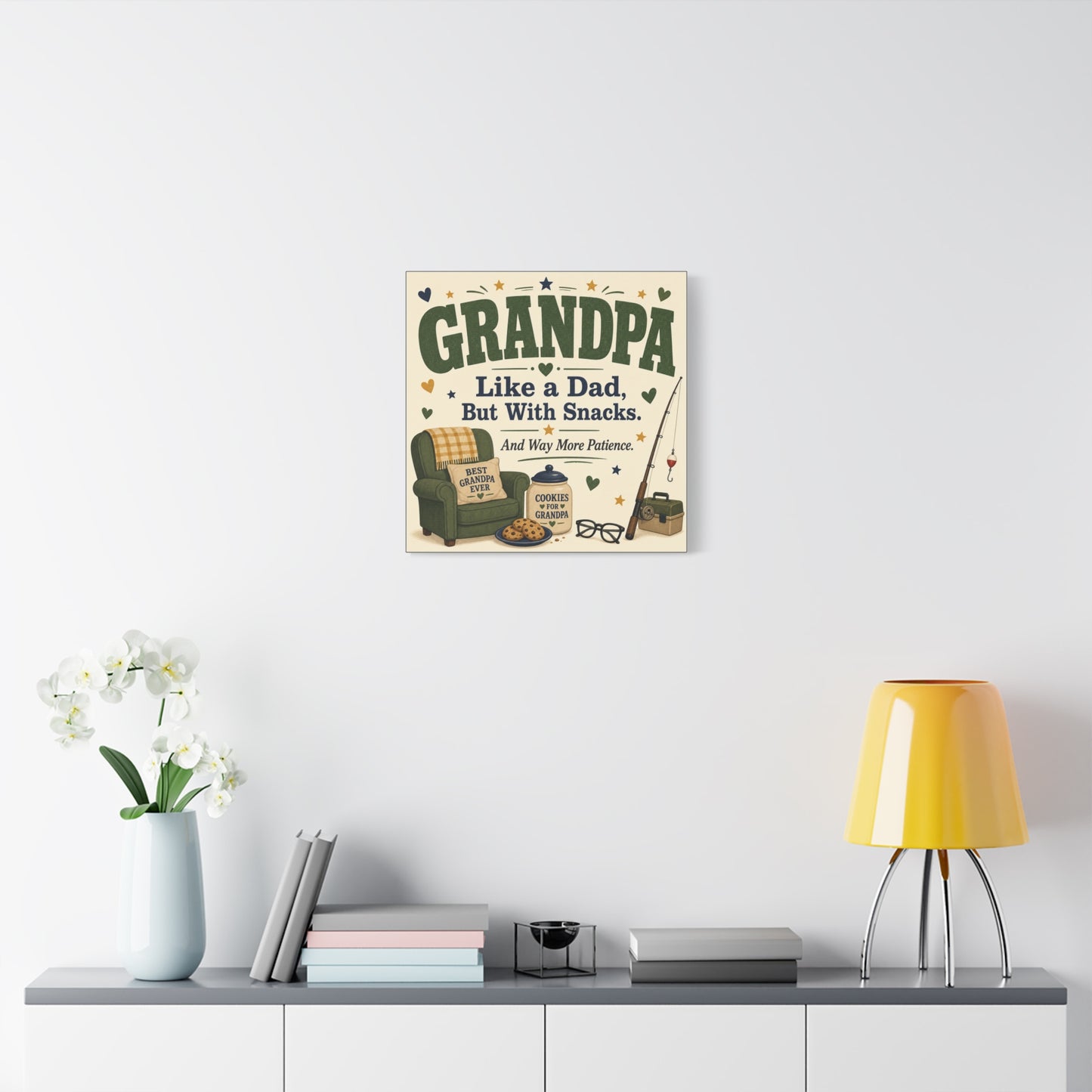 "Grandpa Like A Dad, But With Snacks. And Way More Patience." Canvas Wall Art - Rustic Typography Grandpa Quote Print, Farmhouse Living Room Decor - Office Wall Art - Bedroom Home Decoration