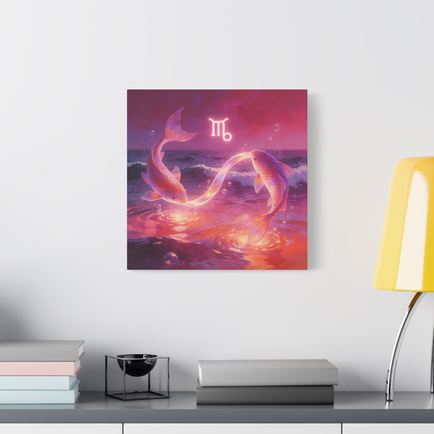 Scorpio Zodiac Canvas Wall Art - Glowing Koi Fish Ocean Illustration, Pink Purple Celestial Water Scene - Modern Fantasy Decor - Bedroom Home Decoration, Living Room Accent - Living Room Wall Decor
