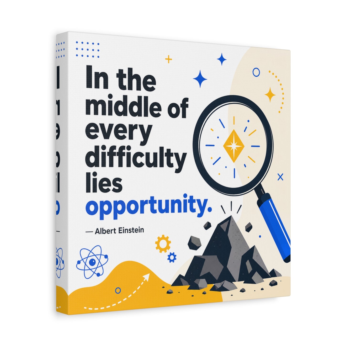 "In The Middle Of Every Difficulty Lies Opportunity." Einstein Canvas Wall Art - Motivational Quote Print, Blue Yellow Modern Typography, Office Decor, Classroom Inspiration, Study Room Accent