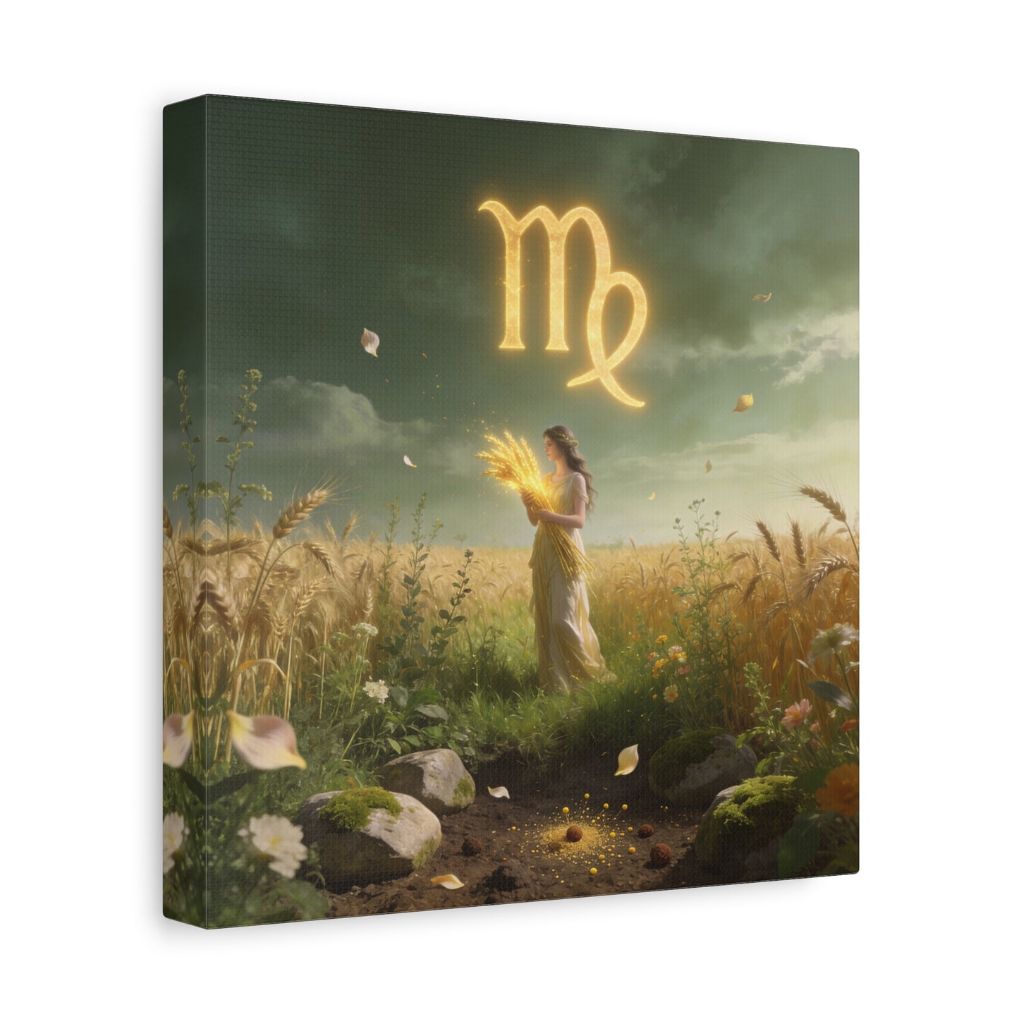 Virgo Zodiac Canvas Wall Art - Glowing Virgo Symbol, Woman In Wheat Field - Mystical Celestial Illustration, Matte Canvas Print - Bedroom Wall Decor, Meditation Space Accent - Bedroom Home Decoration