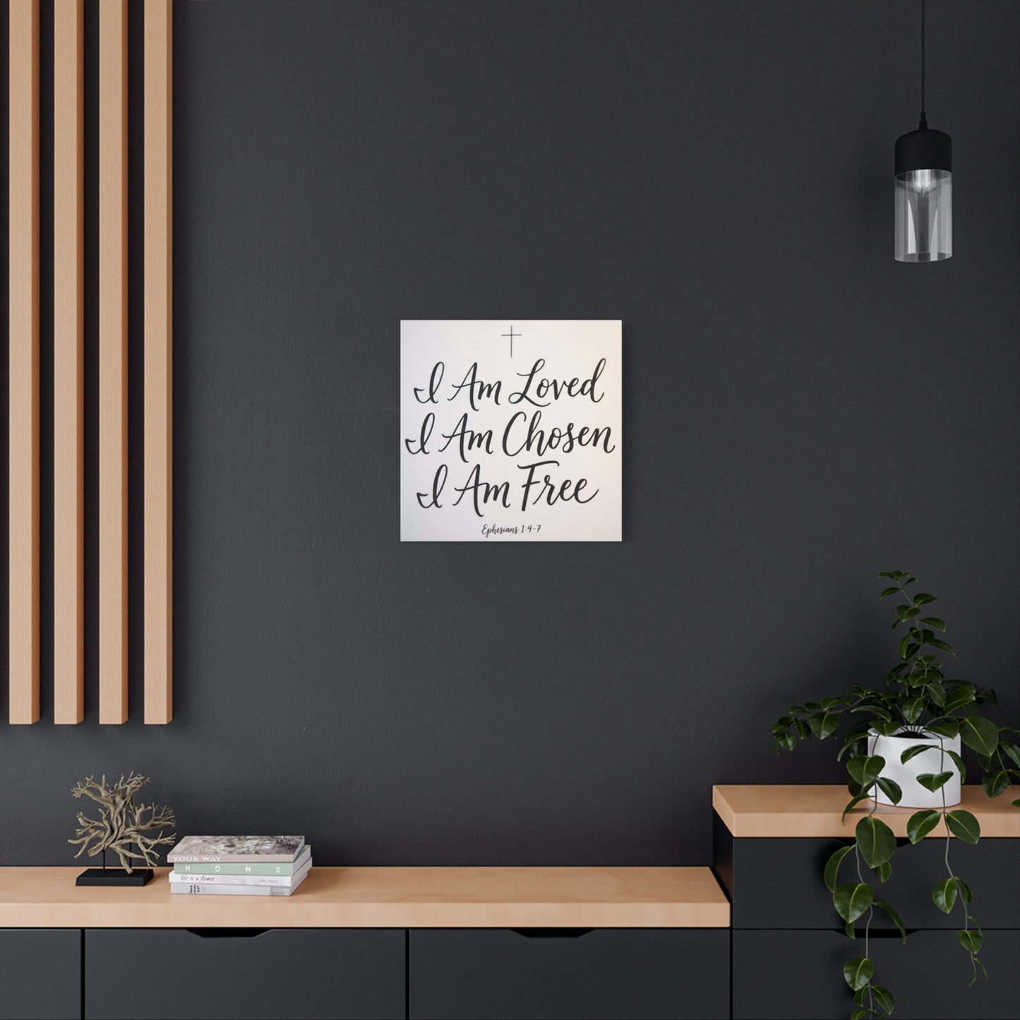 "I Am Loved, Chosen, Free" Christian Canvas Wall Art - Ephesians 1:4-7 Scripture Cross Print - Neutral Typography Decor - Bedroom Home Decoration, Living Room Wall Decor - Ready to Hang