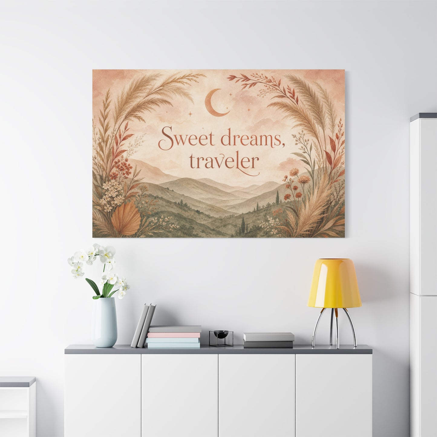 "Sweet Dreams, Traveler" Canvas Wall Art - Boho Moon Mountain Landscape Print - Neutral Botanical Bedroom Decor - Rustic Contemporary Wall Hanging - Ready to Hang - Bedroom Home Decoration