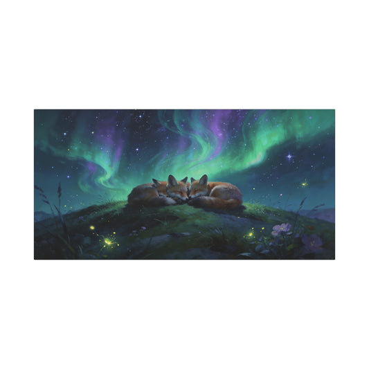 Sleeping Red Foxes Canvas Wall Art - Aurora Borealis Night Sky Animal Print - Dreamy Matte Canvas Print, Whimsical Wildlife Style - Bedroom Home Decoration, Nursery Wall Hanging - Ready to Hang