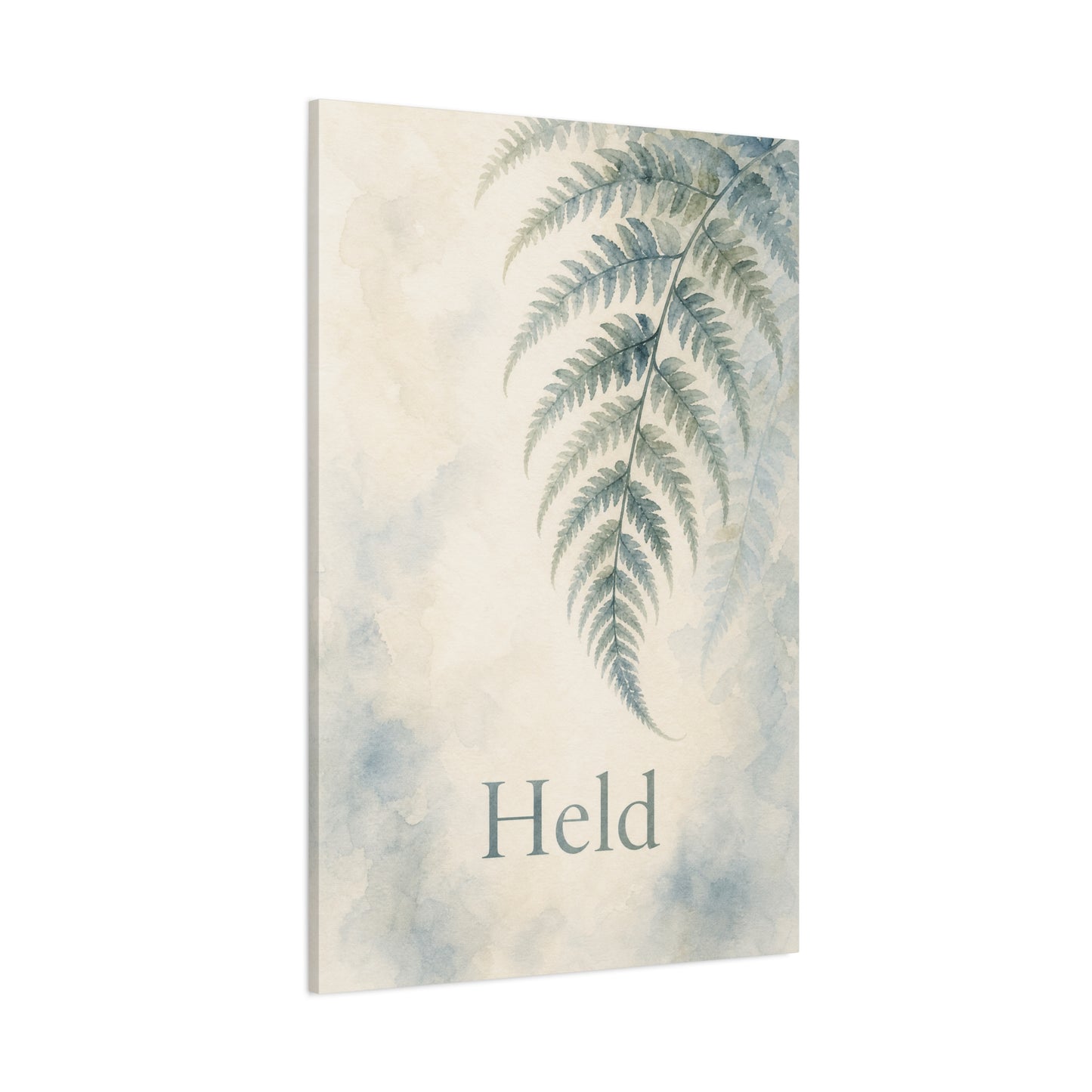 "Held" Fern Botanical Canvas Wall Art - Watercolor Leaf Print, Calming Bedroom Wall Decor, Minimalist Blue Green Nature Home Decoration, Meditation Space Accent - Ready to Hang - Cozy Reading Nook Art