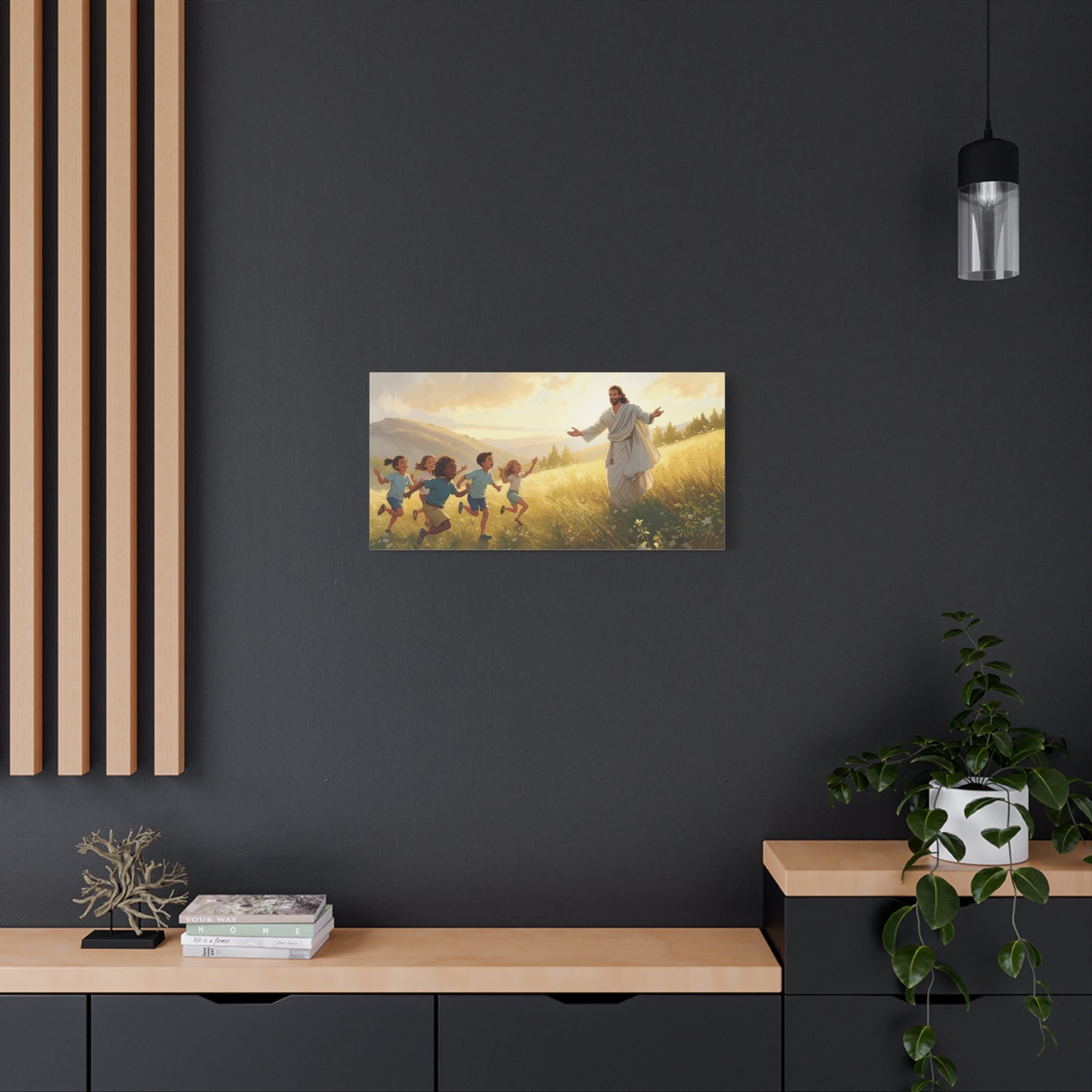 Jesus Christ With Children Canvas Wall Art - Golden Meadow Landscape, Christian Home Decor Print - Matte Cotton Canvas - Traditional Style For Living Room Bedroom Office - Living Room Wall Decor