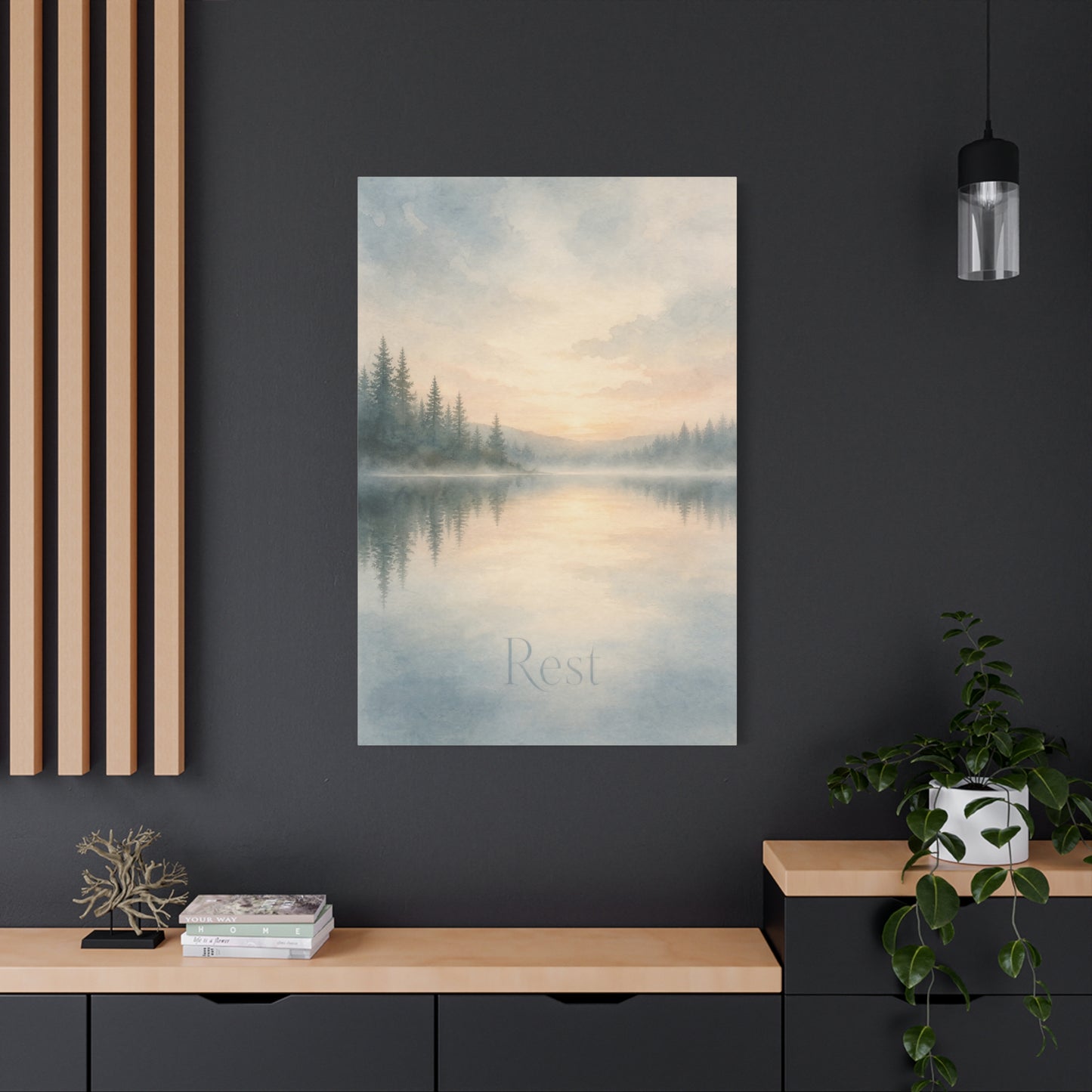 "Rest" Misty Lake Canvas Wall Art - Pine Forest Sunrise Reflection Print - Serene Landscape Home Decor, Bedroom Wall Hanging, Minimalist Nature Artwork, Meditation Space Accent - Ready to Hang