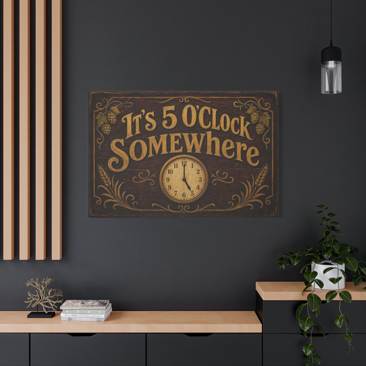 "It's 5 O'Clock Somewhere" Canvas Wall Art - Rustic Bar Sign, Vintage Clock Typography - Farmhouse Pub Decor, Brown Gold - Pub Wall Art - Cocktail Lounge Decor - Speakeasy Style Sign - Ready to Hang