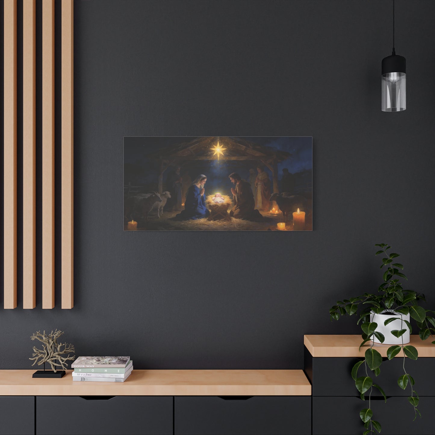 Nativity Scene Canvas Wall Art - Virgin Mary, Joseph, Baby Jesus In Manger - Starry Stable Religious Print - Traditional Christian Decor - Living Room Wall Decor Bedroom Home Decoration