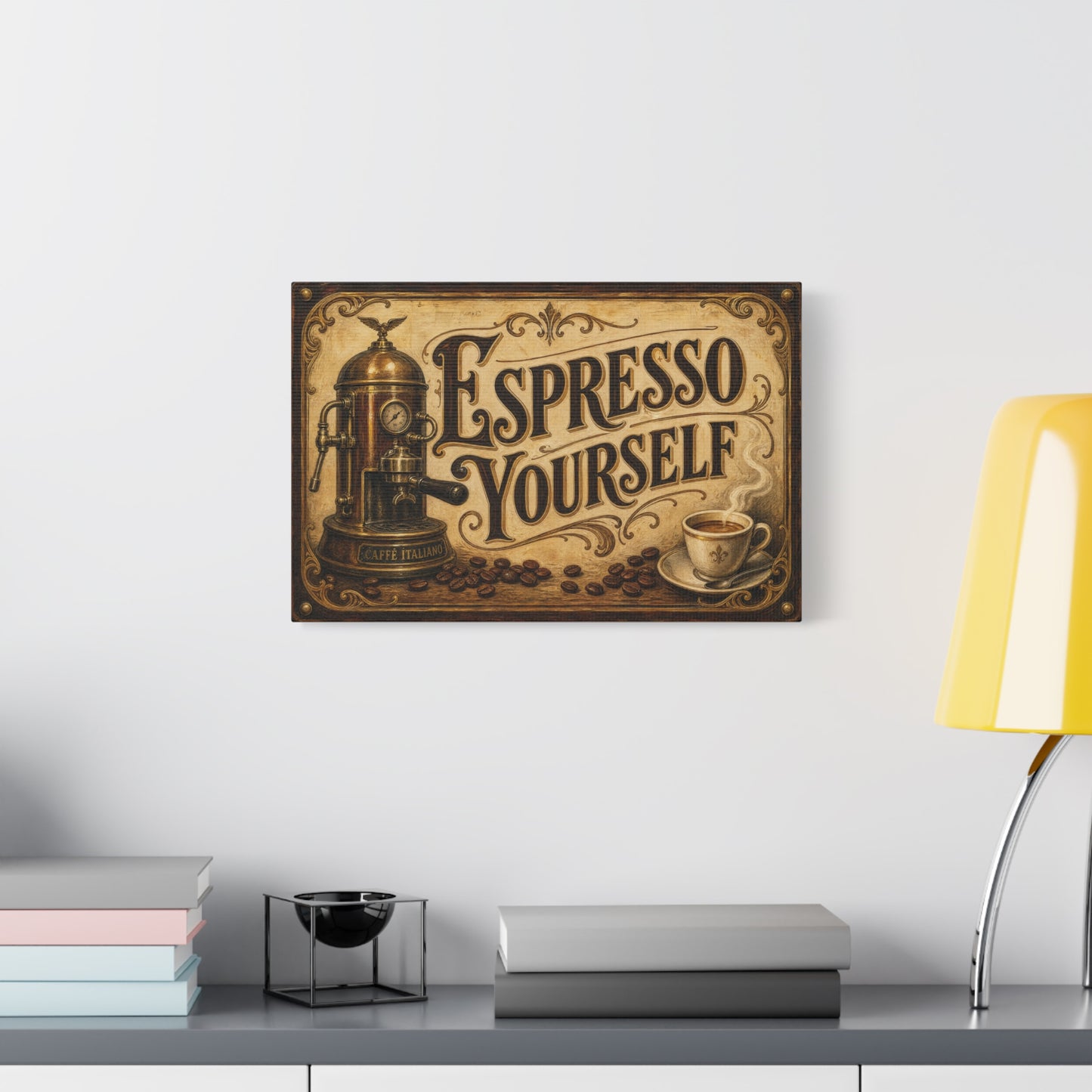 "Espresso Yourself" Coffee Canvas Wall Art - Vintage Espresso Machine, Cafe Decor - Matte Cotton Print, Rustic Farmhouse Style - Ready to Hang - Coffee Shop Decor - Cafe Wall Art - Matte Finish Print