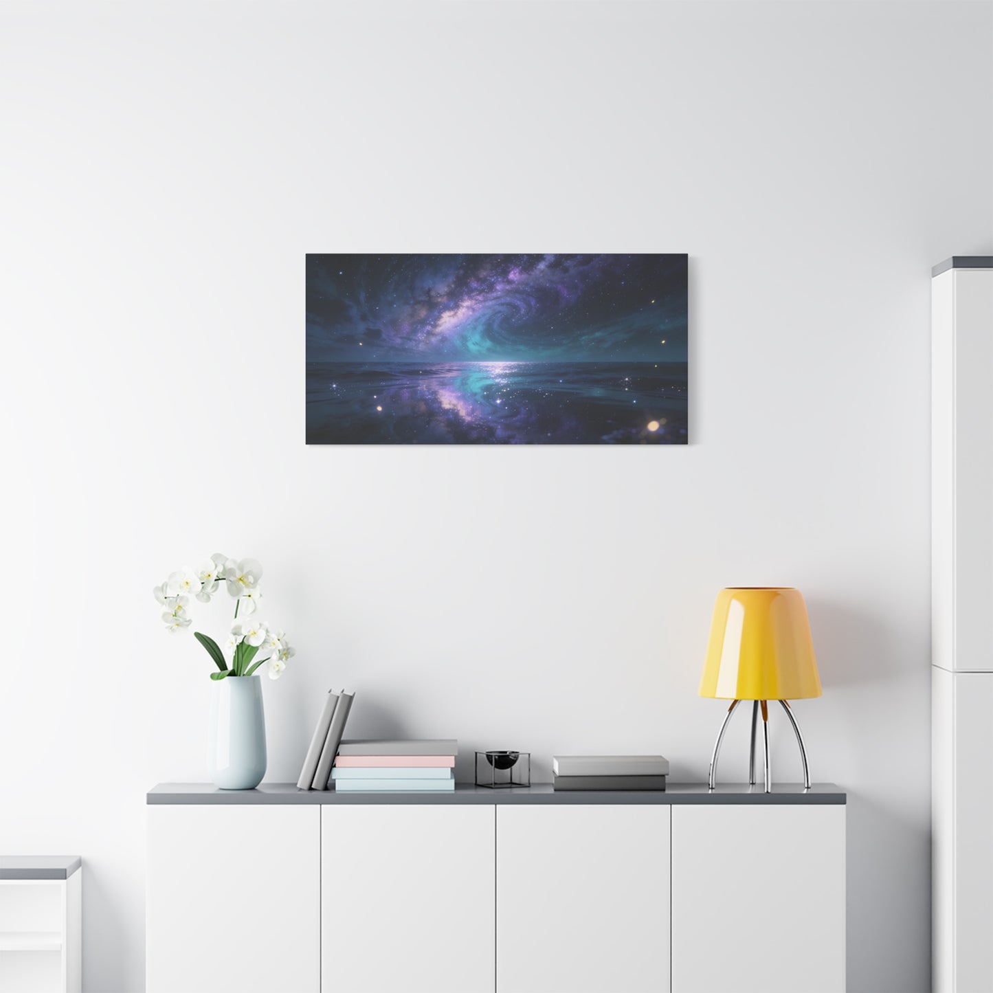 Galaxy Ocean Canvas Wall Art - Swirling Milky Way Night Seascape, Celestial Horizon Reflection - Matte Cotton Art Print - Contemporary Space Decor For Living Room Bedroom Office - Ready to Hang
