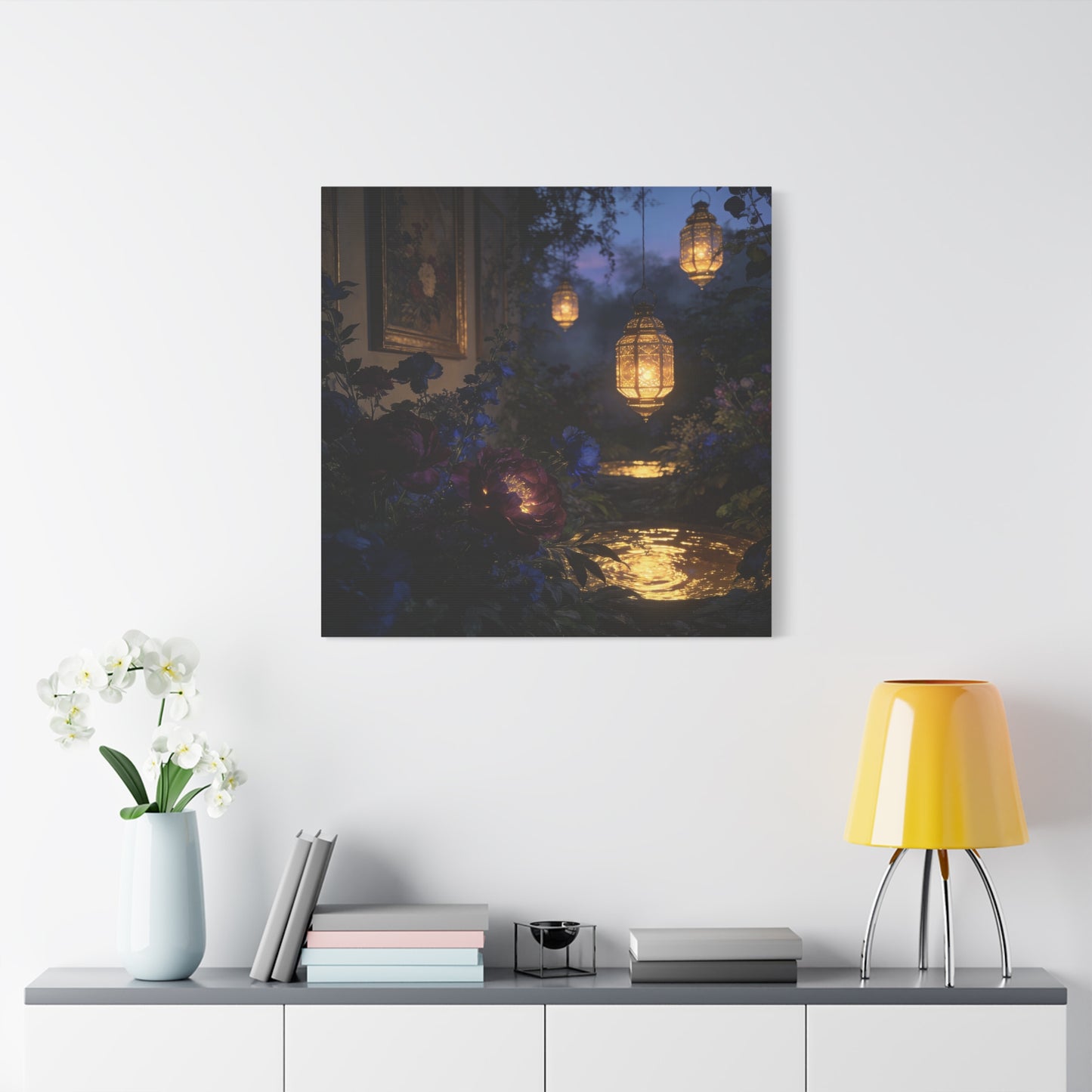 Lantern Garden Canvas Wall Art - Twilight Floral Courtyard, Glowing Water Reflections - Moody Botanical Night Scene, Matte Canvas Print - Bedroom Wall Decor, Living Room Accent - Cozy Reading Nook Art