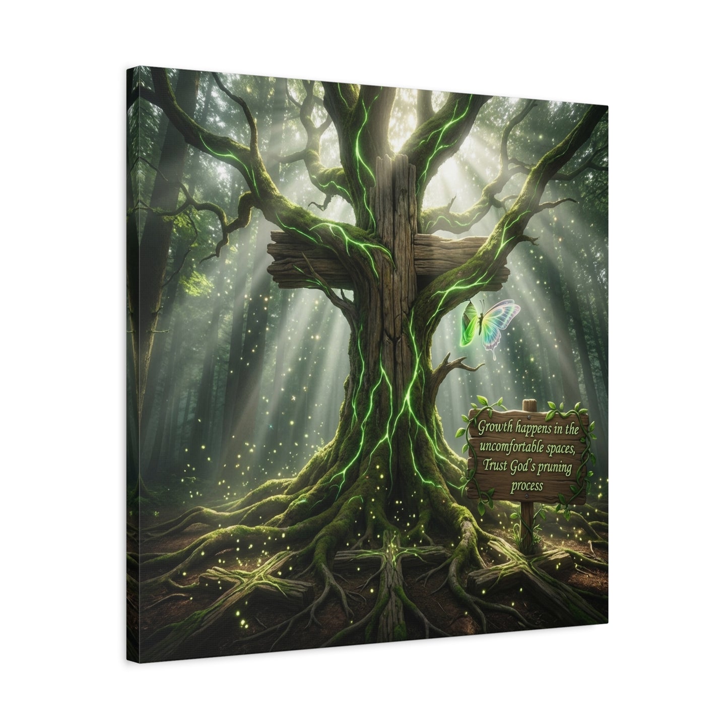 "Growth Happens In The Uncomfortable Spaces, Trust God's Pruning Process" Christian Canvas Wall Art - Forest Tree Cross, Butterfly - Inspirational Rustic Decor - Living Room Wall Decor - Ready to Hang