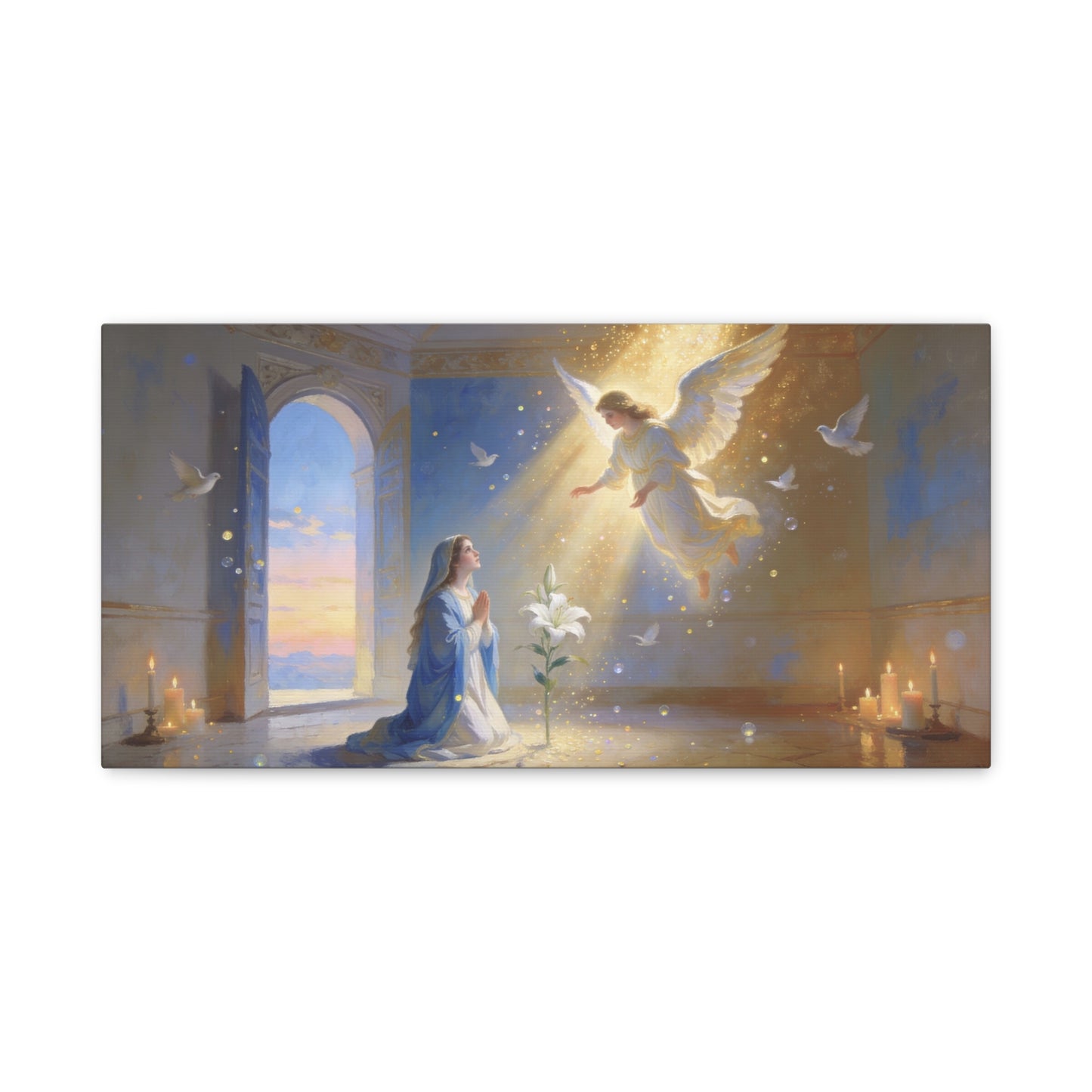 Virgin Mary Angel Canvas Wall Art - Annunciation Religious Print, White Lily, Doves, Golden Light - Traditional Matte Canvas - Bedroom Christian Wall Decor, Meditation Space - Bedroom Home Decoration