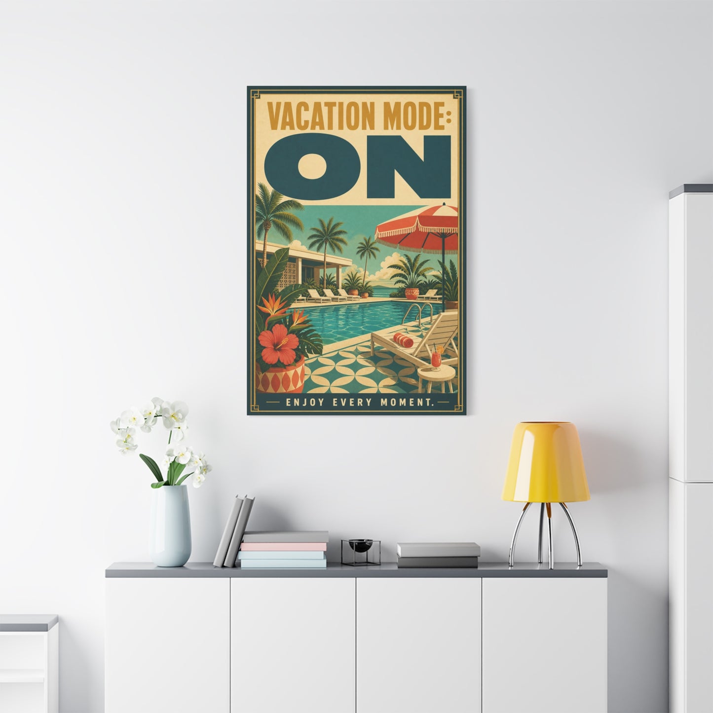 "Vacation Mode: On" Tropical Poolside Canvas Wall Art - Retro Resort Poster Print, Palm Tree Coastal Decor, Vintage Travel Style, Living Room Wall Decor, Vacation Rental Decoration - Ready to Hang