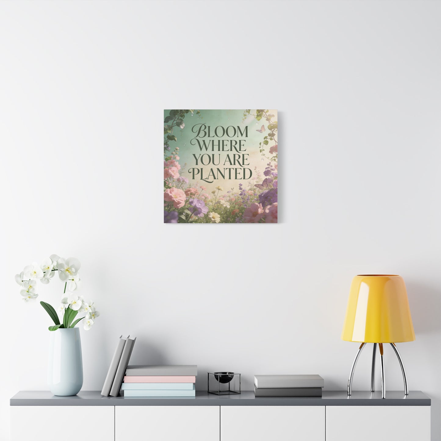 "Bloom Where You Are Planted" Inspirational Canvas Wall Art - Floral Butterfly Quote Print, Pastel Garden Typography Decor, Modern Farmhouse Style, Bedroom Home Decoration - Living Room Wall Decor