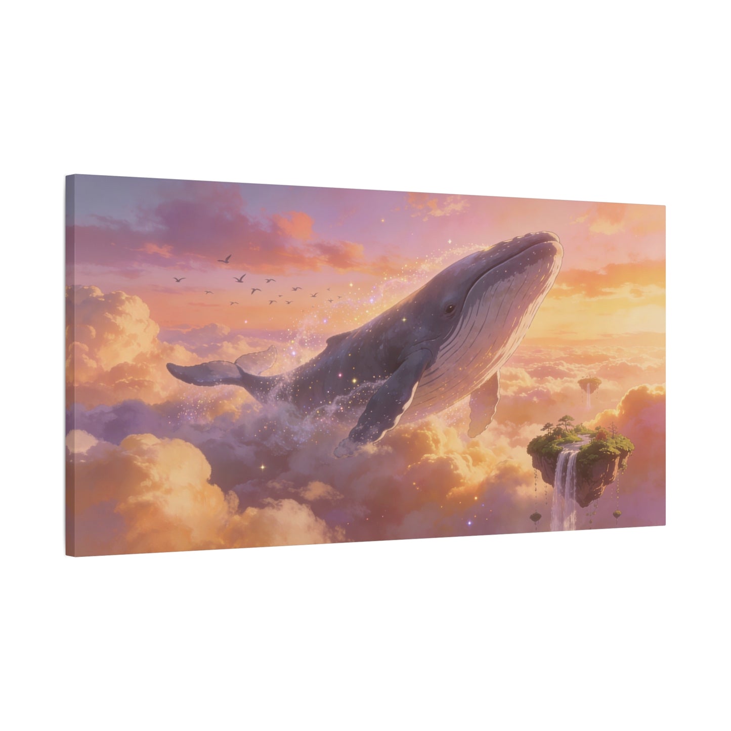 Fantasy Whale Canvas Wall Art - Dreamlike Sky Ocean Scene, Floating Island Waterfall - Matte Cotton Art Print - Surreal Contemporary Style - Living Room Wall Decor Bedroom Accent - Ready to Hang