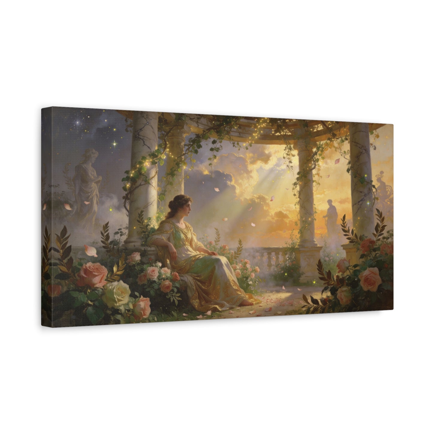Classical Garden Woman Canvas Wall Art - Rose Pergola Sunset Scene, Romantic Fantasy Painting - Matte Cotton Art Print - Bedroom Wall Decor, Living Room Home Decoration - Bedroom Home Decoration