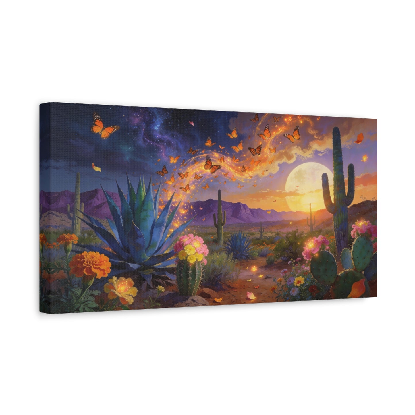 Desert Butterfly Canvas Wall Art - Moonlit Cactus Landscape, Agave And Wildflowers - Surreal Southwestern Style - Cotton Canvas Print - Living Room Wall Decor, Bedroom Accent - Bedroom Home Decoration