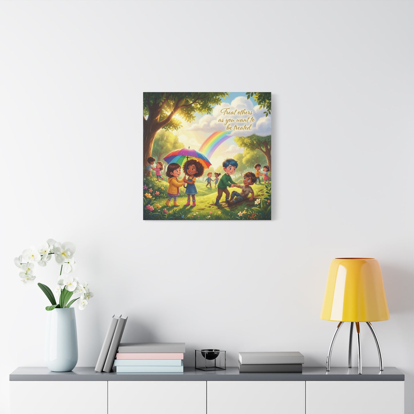 "Treat Others As You Want To Be Treated" Kids Canvas Wall Art - Rainbow Kindness Quote, Children Helping In Sunny Park - Matte Cotton Print - Playroom Classroom Decor, Nursery Wall Hanging