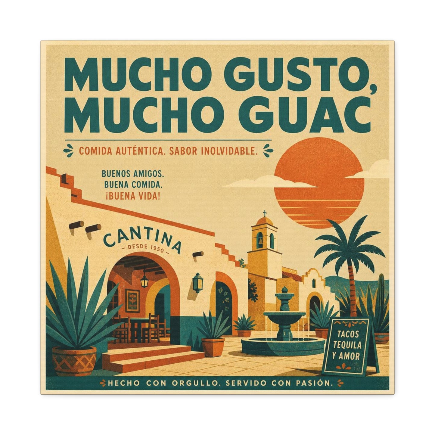 "Mucho Gusto, Mucho Guac" Cantina Canvas Wall Art - Mexican Restaurant Typography Print, Vintage Desert Courtyard Illustration, Cafe Wall Decor, Tequila Bar Sign, Workspace Accent - Ready to Hang
