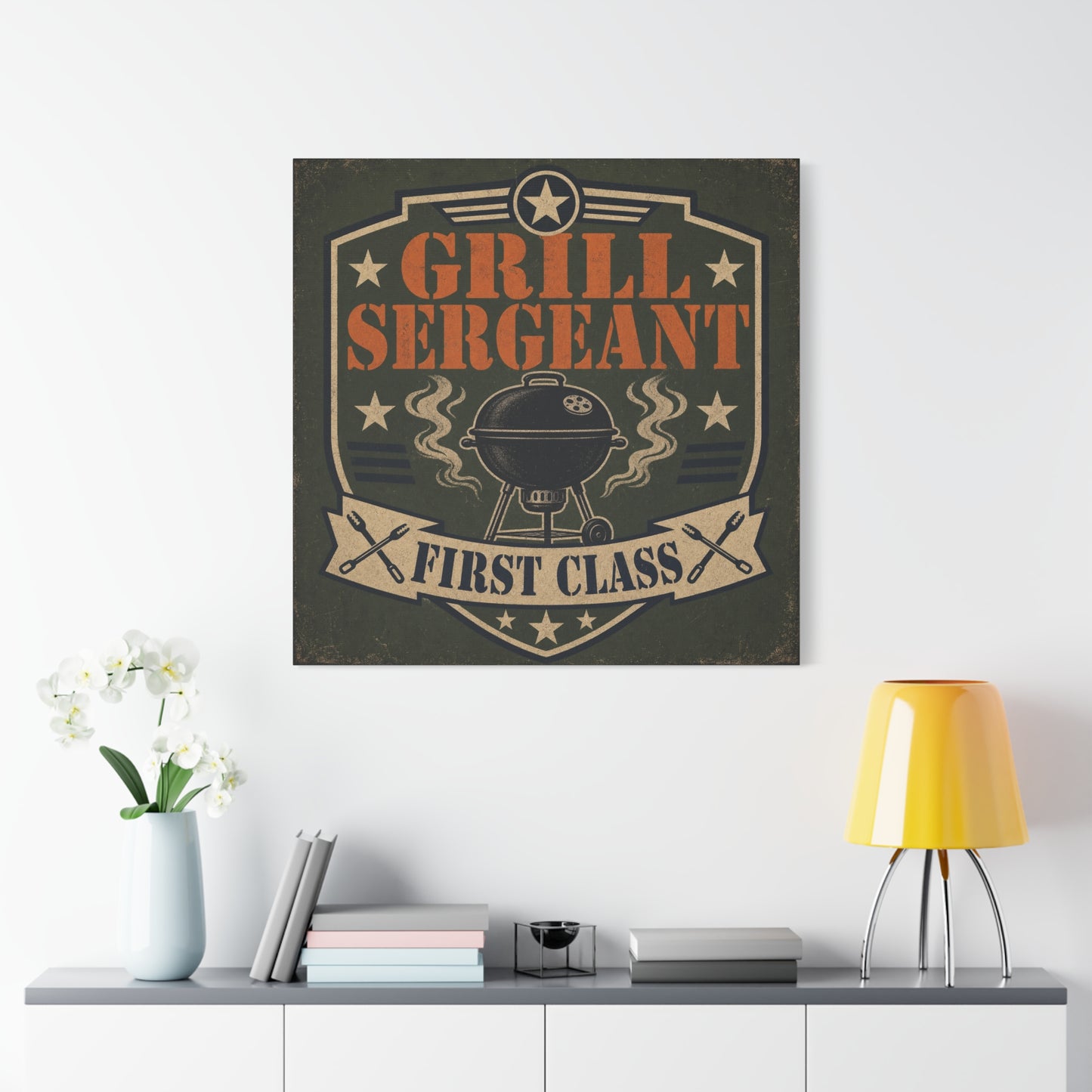"Grill Sergeant First Class" BBQ Canvas Wall Art - Vintage Grill Badge Sign, Rustic Patriotic Kitchen Decor, Retro Barbecue Poster Style, Man Cave Wall Decor - Ready to Hang - Bedroom Home Decoration