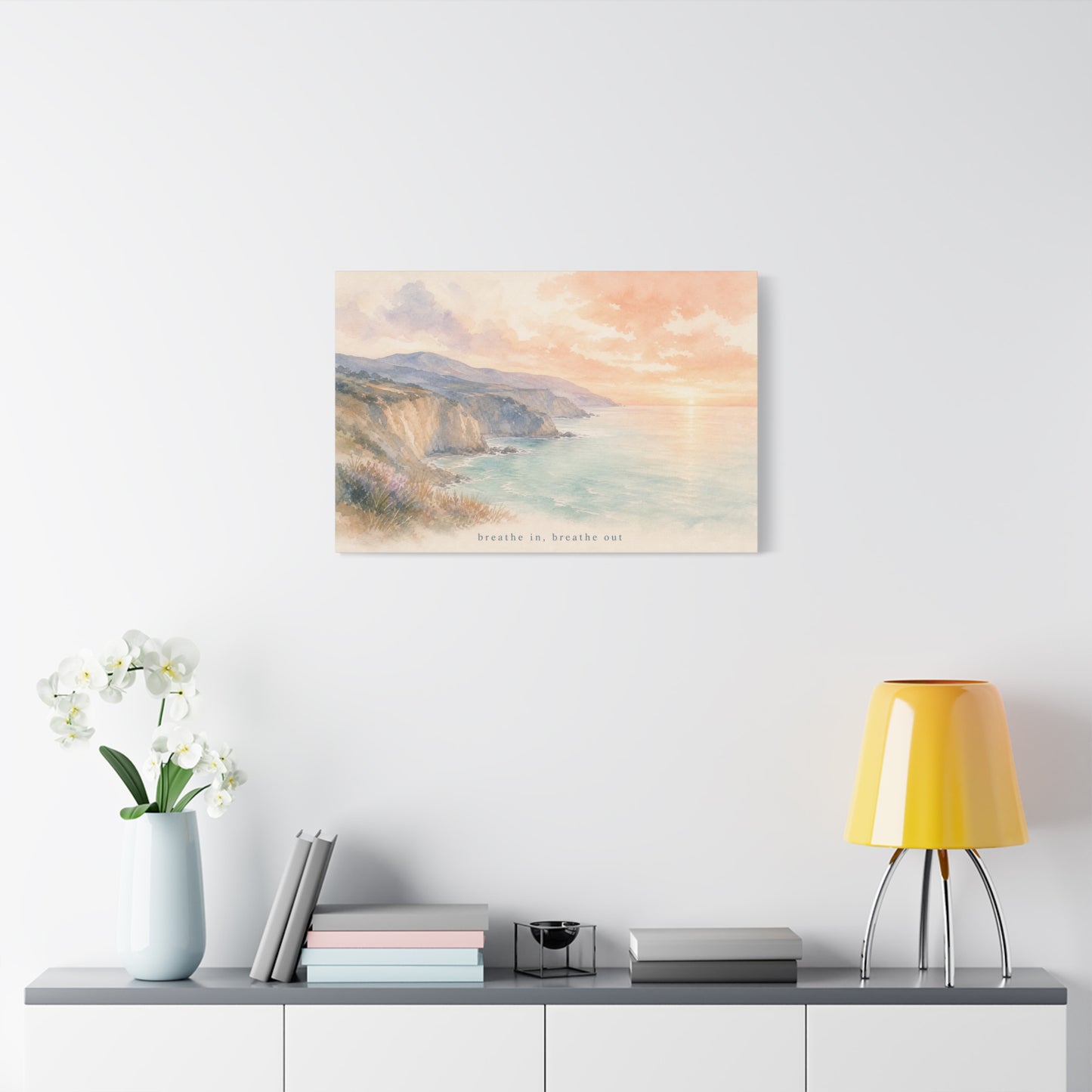 "Breathe In, Breathe Out" Coastal Sunset Canvas Wall Art - Watercolor Cliff Seascape, Jellyfish Room Decor, Serene Beach Landscape Print - Bedroom Home Decoration, Meditation Space - Office Wall Art