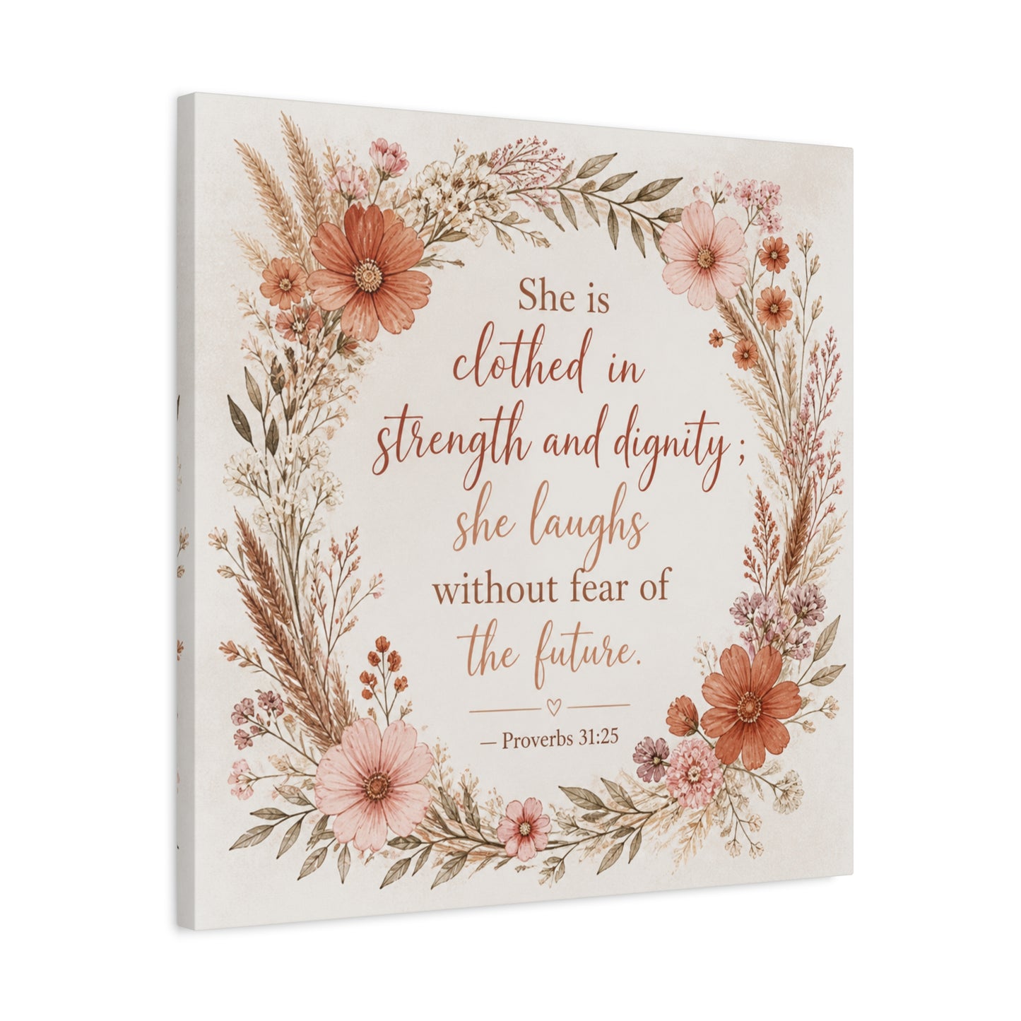"She Is Clothed In Strength And Dignity" Floral Canvas Wall Art - Proverbs 31:25 Scripture Quote, Blush Wildflower Wreath, Farmhouse Style, Bedroom Wall Decor - Bedroom Home Decoration - Ready to Hang
