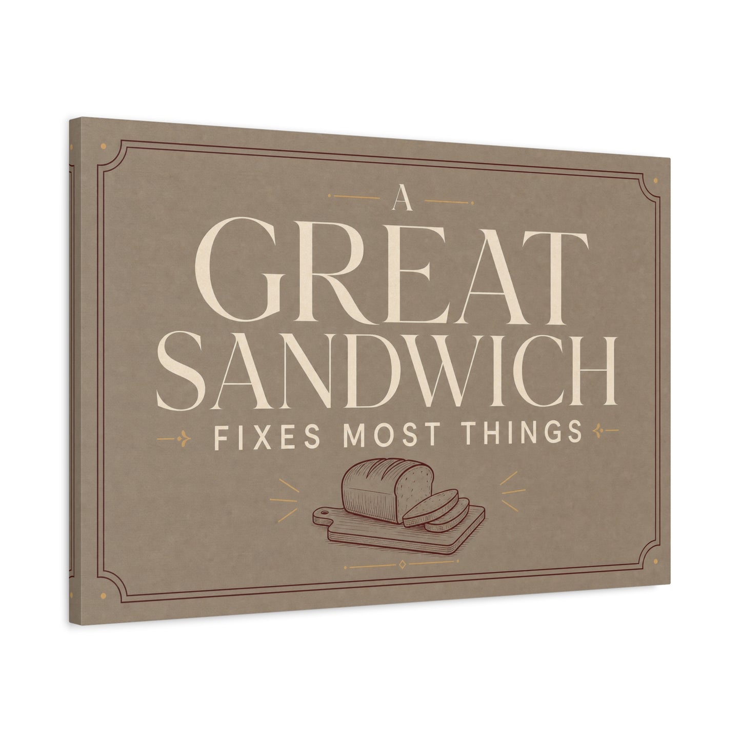 "A Great Sandwich Fixes Most Things" Canvas Wall Art - Vintage Typography Bread Illustration - Neutral Farmhouse Style - Funny Food Quote - Deli Wall Decor - Sandwich Shop Sign - Diner Decor