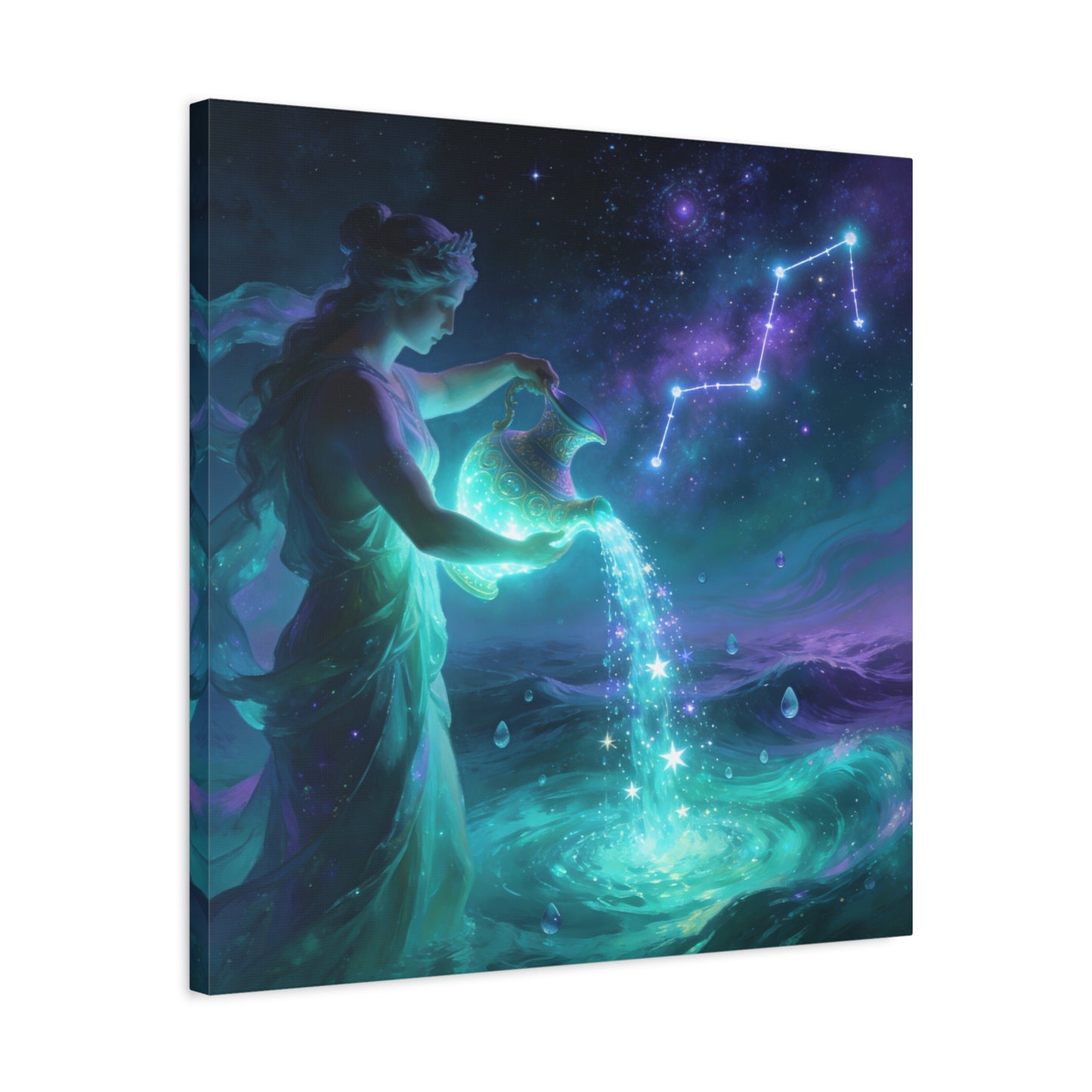 Aquarius Goddess Canvas Wall Art - Zodiac Water Bearer Celestial Galaxy Illustration - Mystical Purple Blue Fantasy Decor - Bedroom Home Decoration, Living Room Wall Decor - Bedroom Home Decoration