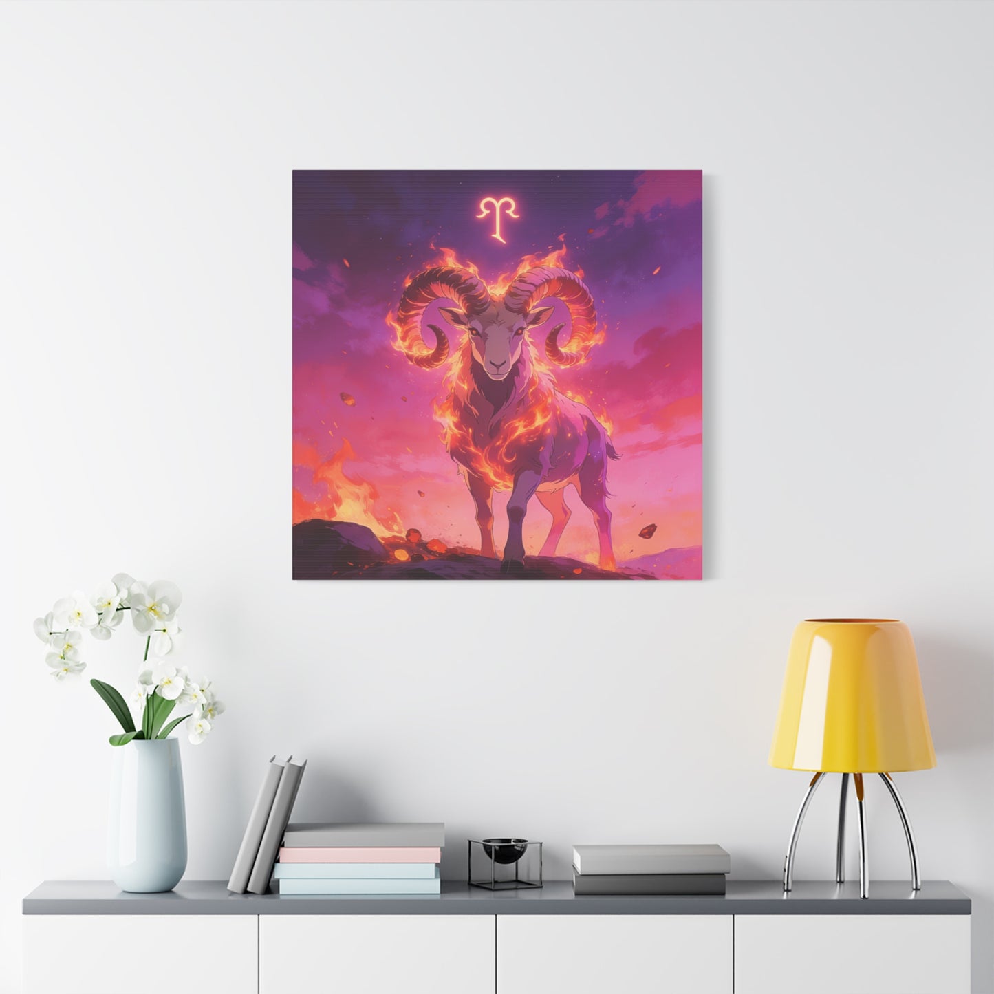Aries Ram Canvas Wall Art - Fiery Zodiac Illustration, Purple Pink Flame Sky, Matte Canvas Print, Modern Fantasy Style, Bedroom Wall Decor, Home Office Accent, Statement Piece For Astrology Lovers