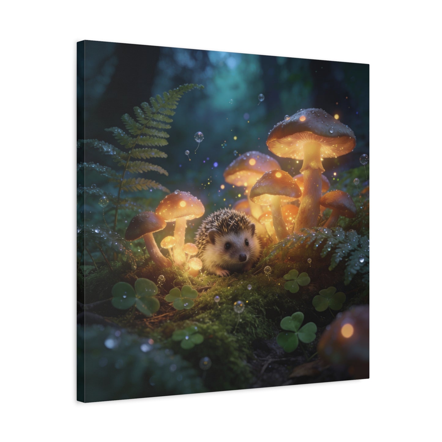 Hedgehog Mushroom Canvas Wall Art - Glowing Forest Fantasy Animal Print - Matte Cotton Art Print, Whimsical Woodland Style - Bedroom Wall Decor, Nursery Home Decoration Accent - Modern Farmhouse Style