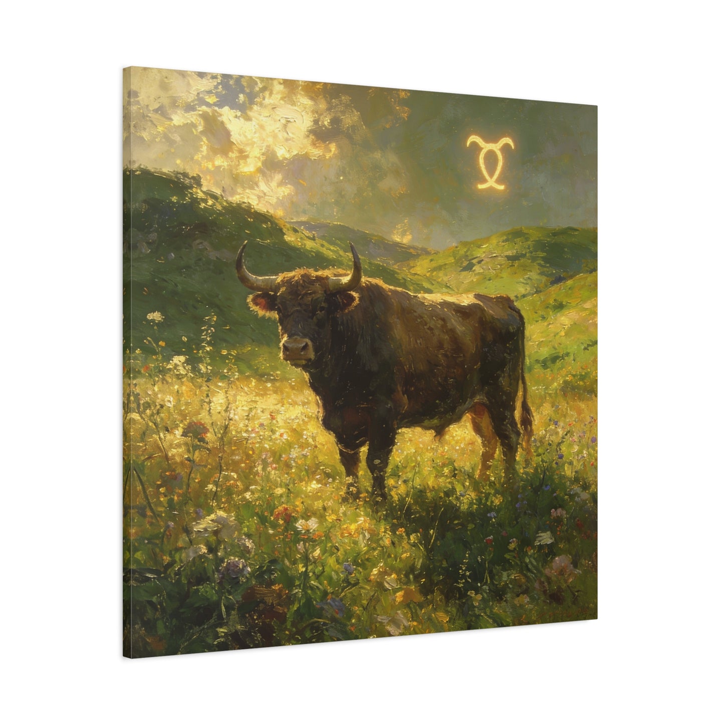 Taurus Bull Canvas Wall Art - Golden Meadow Landscape Painting, Zodiac Symbol, Rustic Contemporary Cotton Canvas Print, Living Room Wall Decor, Bedroom Home Decoration, Office Art Accent