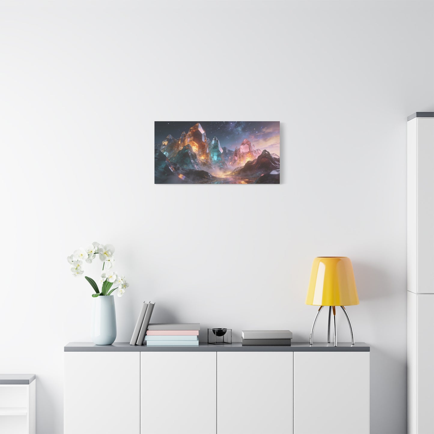 Crystal Mountain Canvas Wall Art - Surreal Glass Peaks, Luminous Cosmic Landscape - Matte Cotton Print, Contemporary Fantasy Style - Living Room Wall Decor, Bedroom Home Accent - Cozy Reading Nook Art
