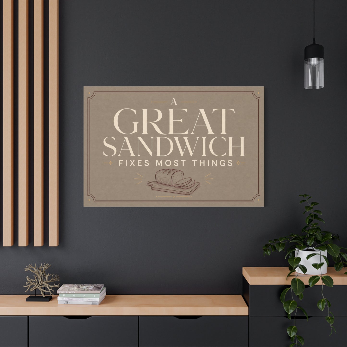 "A Great Sandwich Fixes Most Things" Canvas Wall Art - Vintage Typography Bread Illustration - Neutral Farmhouse Style - Funny Food Quote - Deli Wall Decor - Sandwich Shop Sign - Diner Decor