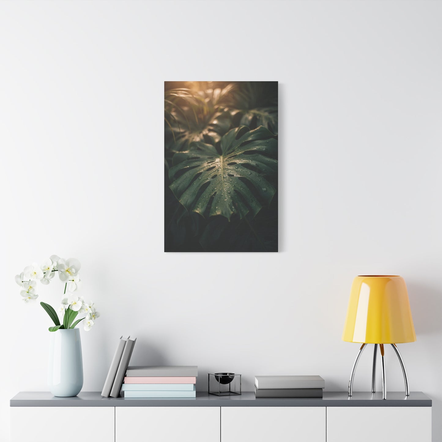 Monstera Leaf Canvas Wall Art - Tropical Botanical Art Print, Moody Green Foliage - Matte Cotton Canvas Print - Bedroom Wall Decor, Bathroom Home Decoration, Spa Style Accent - Cozy Reading Nook Art