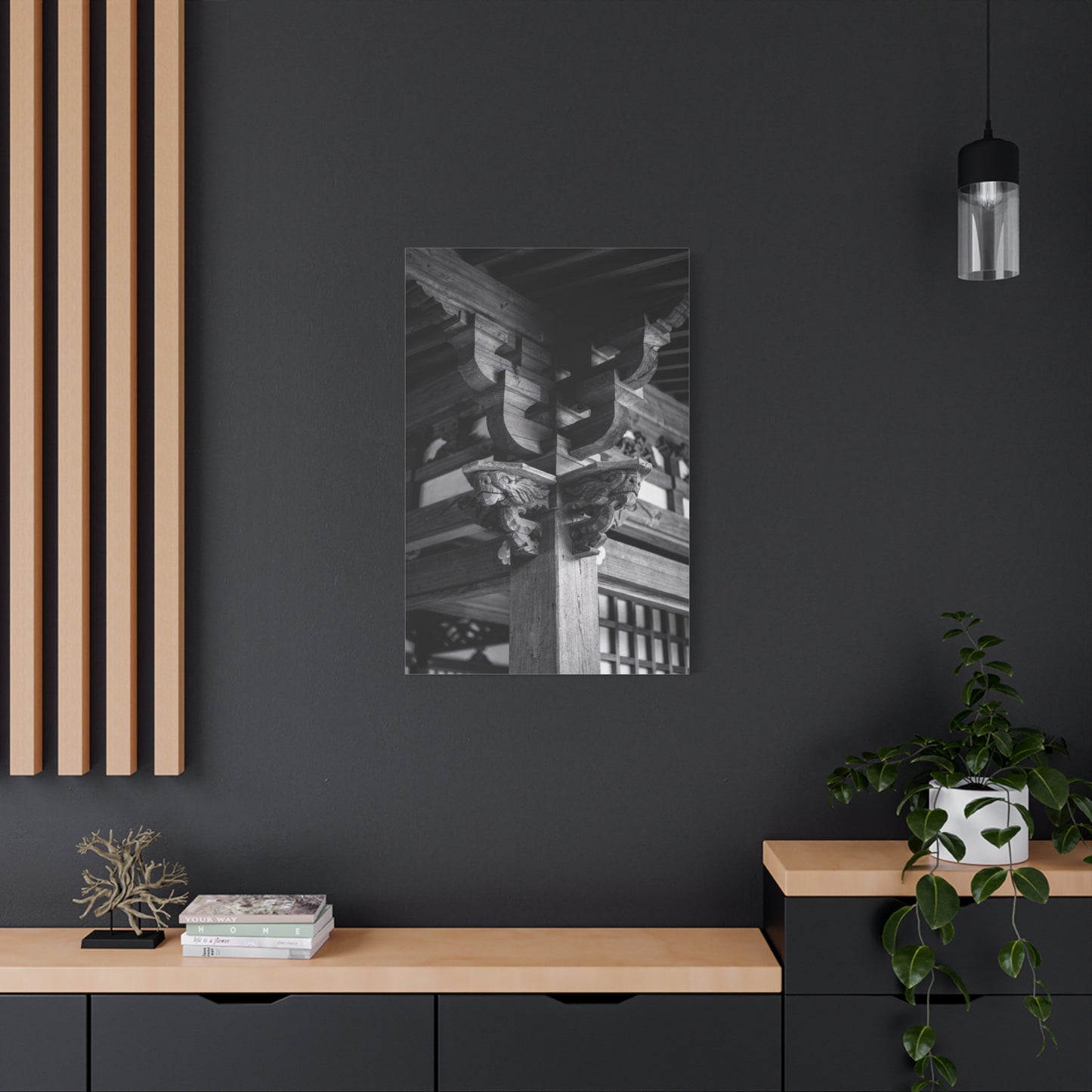 Japanese Temple Architecture Canvas Wall Art - Black And White Wooden Carved Bracket Art Print - Traditional Zen Style - Living Room Wall Decor, Bedroom Home Decoration - Bedroom Home Decoration