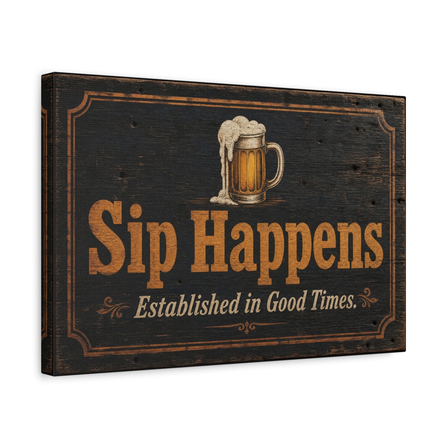 "Sip Happens" Beer Mug Canvas Wall Art - Rustic Vintage Pub Sign, Established In Good Times - Farmhouse Bar Decor - Ready to Hang - Ready to Hang - Pub Wall Art - Cocktail Lounge Decor