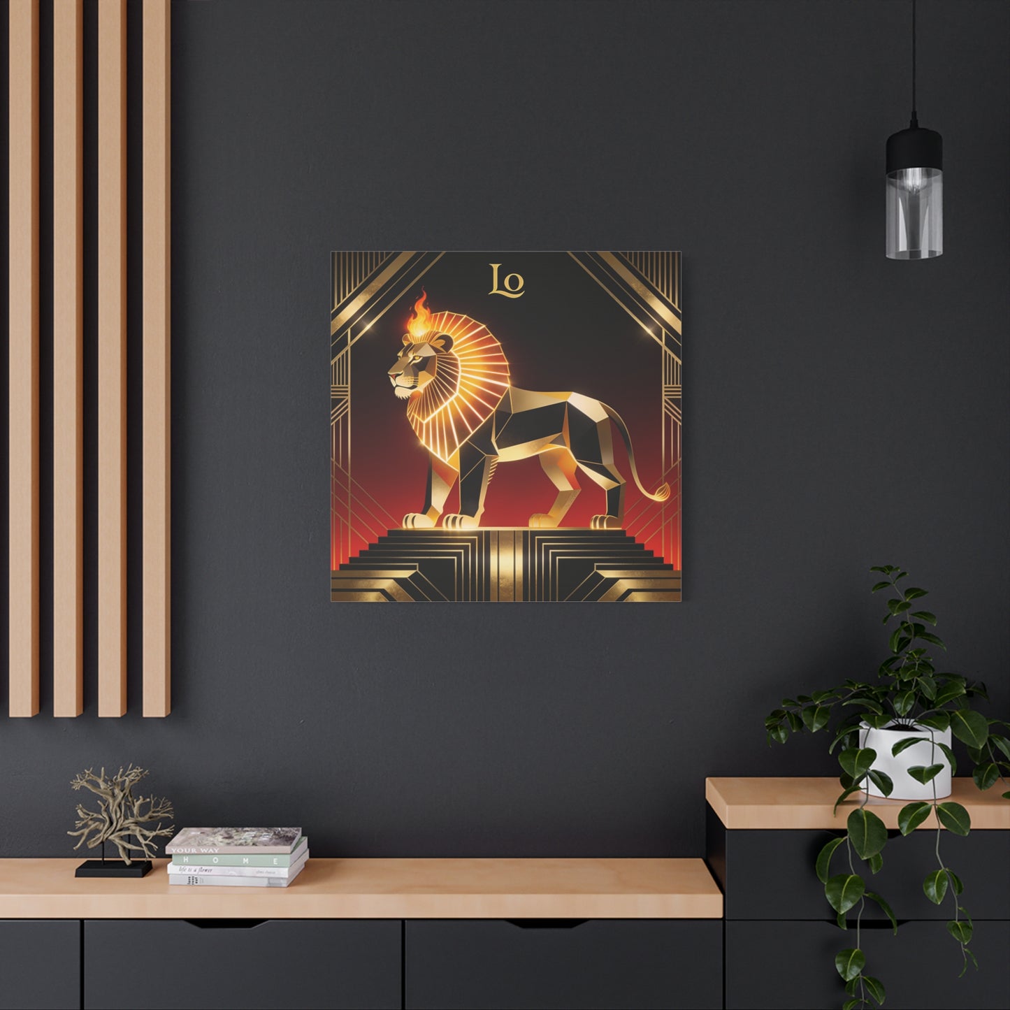"Lo" Geometric Lion Canvas Wall Decor - Art Deco Gold Black Red Animal Print - Flaming Mane Illustration, Modern Luxe Interior Accent, Living Room Home Decoration - Living Room Wall Decor