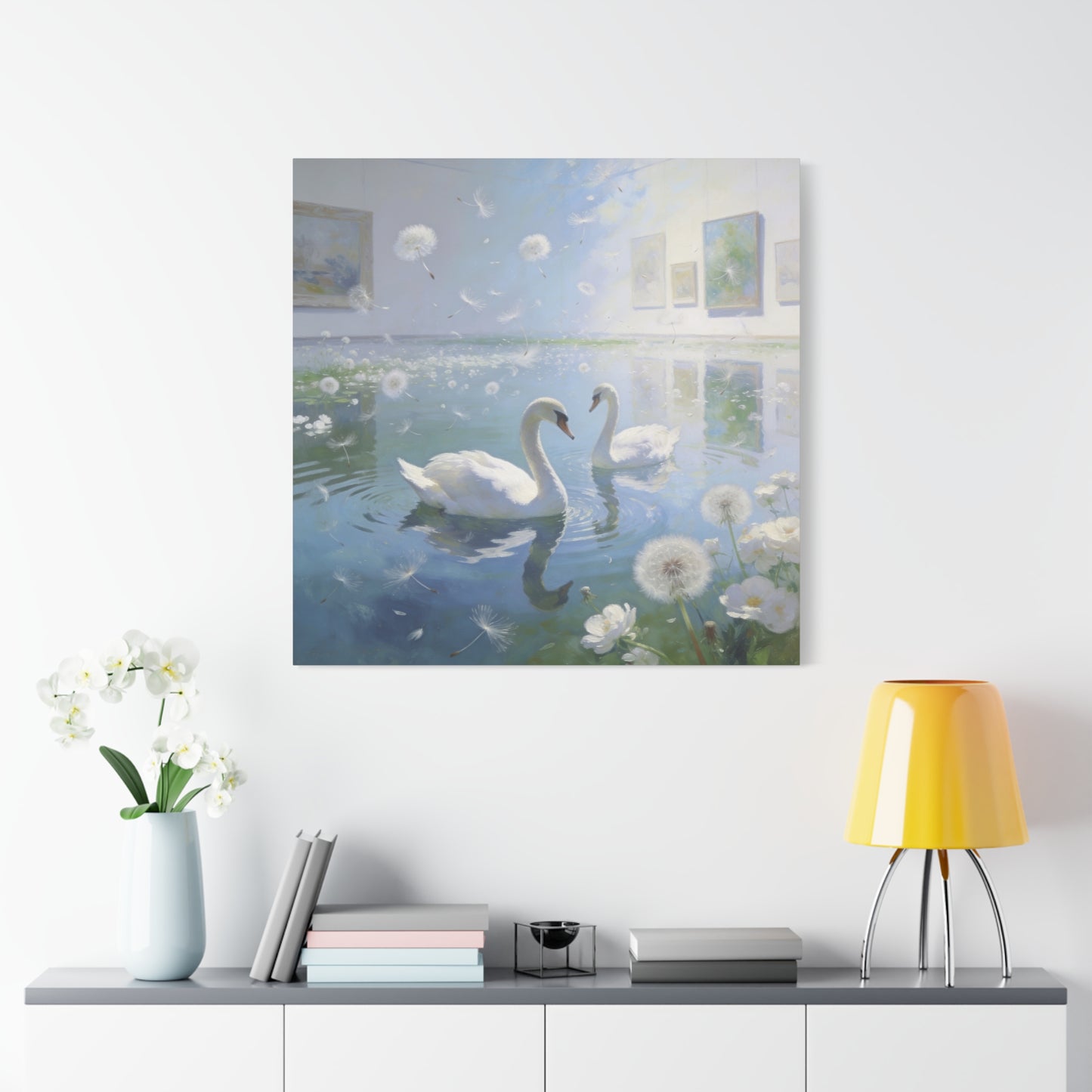 White Swan Canvas Wall Art - Serene Pond With Dandelion Seeds, Soft Blue Water Reflection - Dreamy Traditional Style - Living Room Wall Decor, Bedroom Home Decoration, Office Art - Ready to Hang